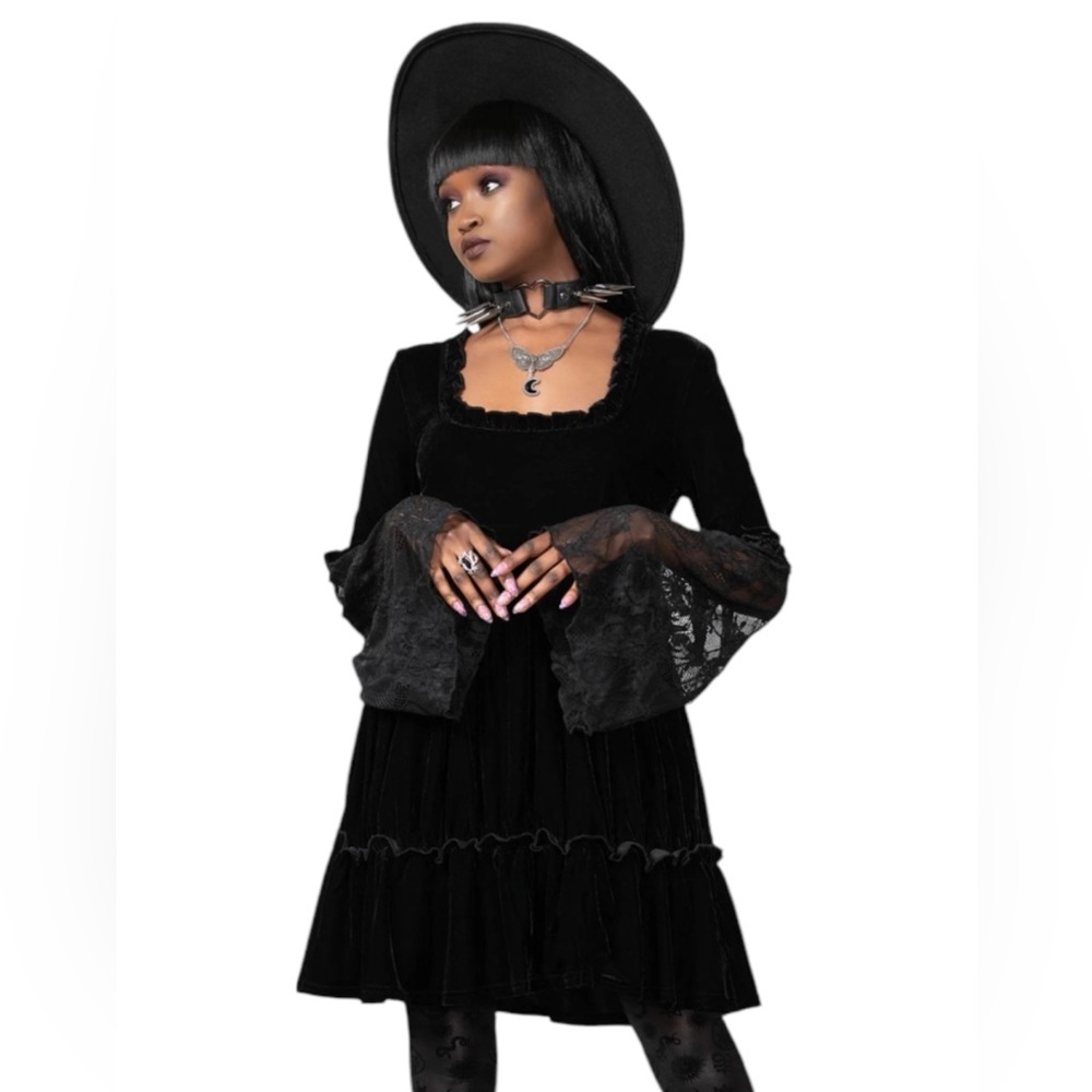 Killstar Prudence Black Velvet Goth Lace Bell Sleeves Oversized Dress XL NWT - Picture 7 of 15